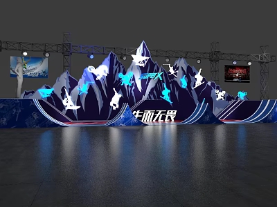 Gorgeous Cloud Fashion Stage With Mountain Shapes Skier Silhouettes Blue Lighting And Screens 3d model