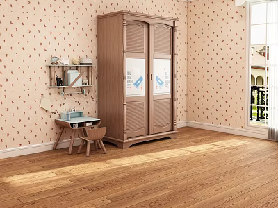 Classic Wooden Wardrobe Interior Design With Floral Pink Wallpaper Wooden Floor And Small Desk Chair 3d model