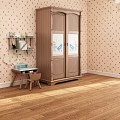 Classic Wooden Wardrobe Interior Design With Floral Pink Wallpaper Wooden Floor And Small Desk Chair