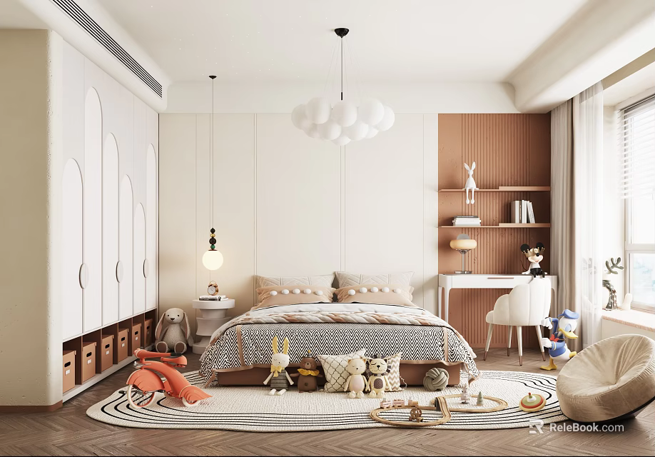 Cozy Kids Room Interior Design With Bed Play Rug Toys Bookshelf Chair And Chandelier 3d model 