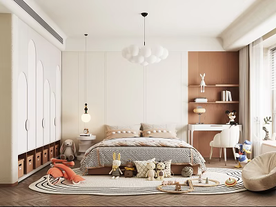 Cozy Kids Room Interior Design With Bed Play Rug Toys Bookshelf Chair And Chandelier 3d model