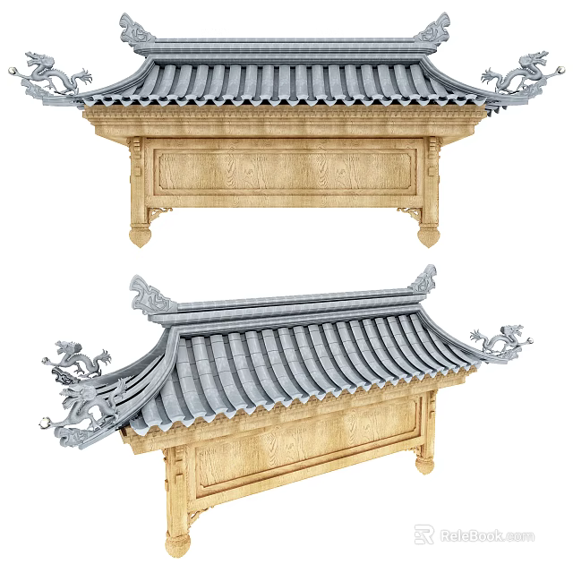 Traditional Chinese Architectural Components Featuring Gray Tiled Roof Carved Eaves And Wooden Panels 3d model 