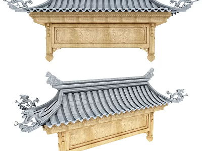 Traditional Chinese Architectural Components Featuring Gray Tiled Roof Carved Eaves And Wooden Panels 3d model