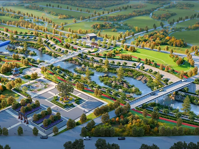 Scenic Park Landscape Featuring Spacious Green Lawns Winding Rivers Connecting Bridges And Diverse Trees 3d model