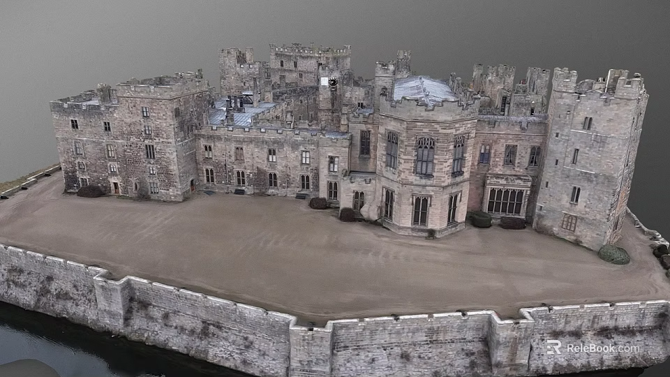 Ancient European Castle Architecture With Stone Walls Courtyard And Towers 3d model 