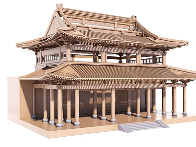 Ancient Chinese Architecture Wooden Structure With Two Story Traditional Roof And Columns Steps 3d model