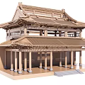 Ancient Chinese Architecture Wooden Structure With Two Story Traditional Roof And Columns Steps