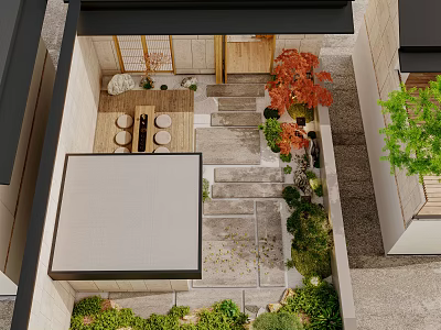 Japanese Garden Landscape With Stone Path Red Maple Tree Green Plants and Wooden Elements 3d model