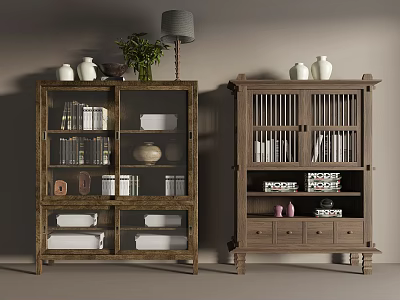 Vintage Wooden Decorative Cabinets With Glass Doors Open Shelves Displaying Vases Books Decorative Items 3d model