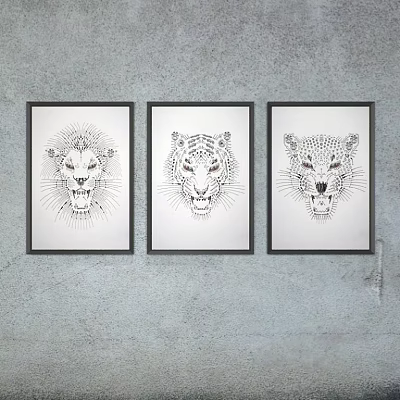 Black and White Line Art Animal Paintings of Lion Tiger Leopard in Framed Wall Decor 3d model
