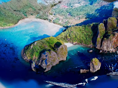 Scenic Garden Landscape With Lush Vegetation Rocky Outcrops Clear Blue Water And Sandy Beach 3d model