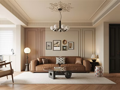 Elegant Living Room Interior With Brown Sofa Chandelier And Decorative Paintings 3d model