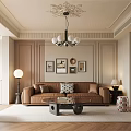 Elegant Living Room Interior With Brown Sofa Chandelier And Decorative Paintings