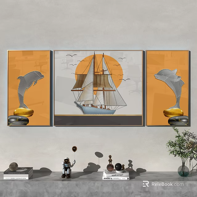 Triptych Wall Art With Sailing Ship Sunset And Dolphin Decor In Orange Tones 3d model