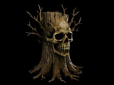 Sci-Fi Scene Featuring Tree Stump Skull And Twisted Branches On Dark Background 3d model