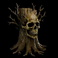 Sci-Fi Scene Featuring Tree Stump Skull And Twisted Branches On Dark Background