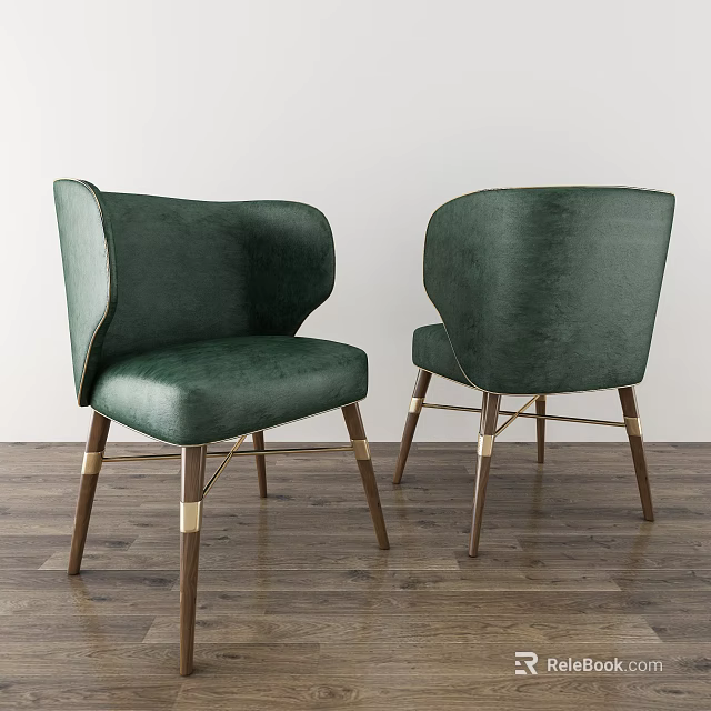Emerald Green Velvet Dining Chairs with Curved Back and Gold Accents on Wooden Legs 3d model 