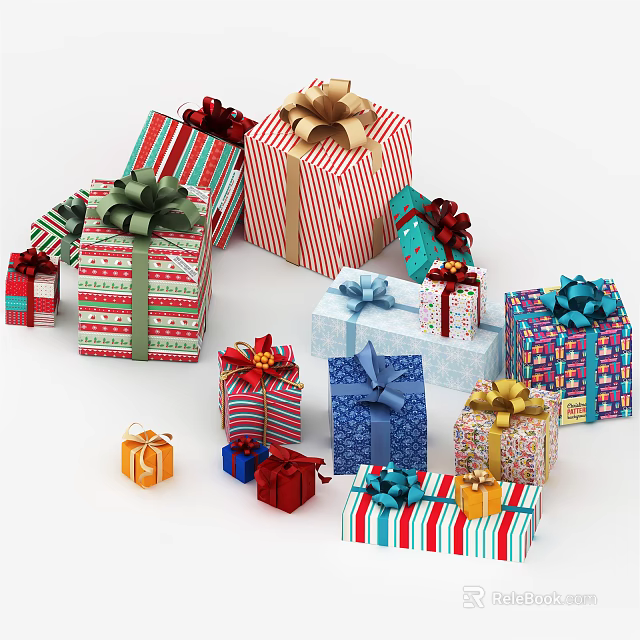 Colorful Decorative Ornament Set With Vibrant Gift Boxes Striped Checkered Wrapping And Ribbon Bows 3d model 