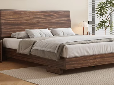 Modern Natural Bedroom With Wooden Headboard Bed Gray White Bedding Table Lamp And Potted Plant 3d model