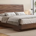 Modern Natural Bedroom With Wooden Headboard Bed Gray White Bedding Table Lamp And Potted Plant