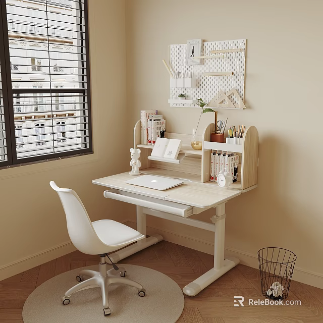 Modern Light Wood Desk Workspace With Pegboard Storage Laptop Books And White Chair 3d model 