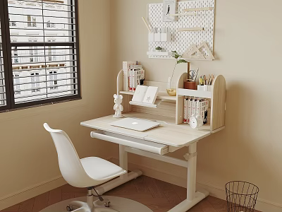Modern Light Wood Desk Workspace With Pegboard Storage Laptop Books And White Chair 3d model
