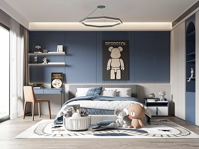 Kids Room Interior With Blue Walls Bear Artwork Bed Shelves And Stuffed Toys 3d model