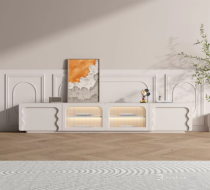 Modern White TV Stand with Glass Doors and Lights and Decorative Art on Light Wall 3d model 