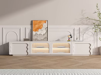 Modern White TV Stand with Glass Doors and Lights and Decorative Art on Light Wall 3d model