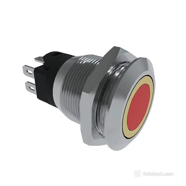 Durable Metal Push Button Switch With Red Head Silver Outer Ring And Black Connector 3d model