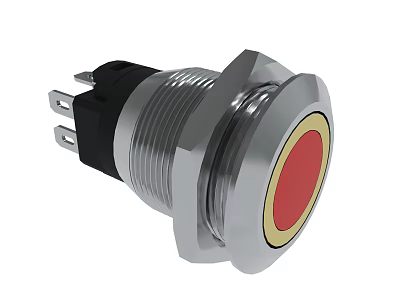 Durable Metal Push Button Switch With Red Head Silver Outer Ring And Black Connector 3d model