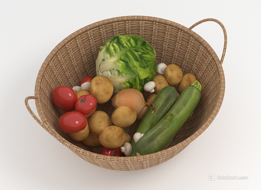 Fresh Assorted Vegetables in Wicker Basket with Tomatoes Potatoes and Cabbage 3d model 