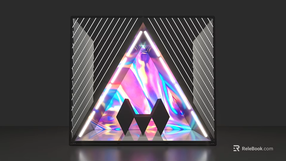 Instagrammable Photo Spot With Neon Triangular Structure Black Frame And Colorful Reflections 3d model 