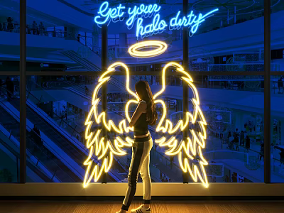 Neon Decorative Lights With Angel Wings Design And Get Your Halo Dirty Text 3d model