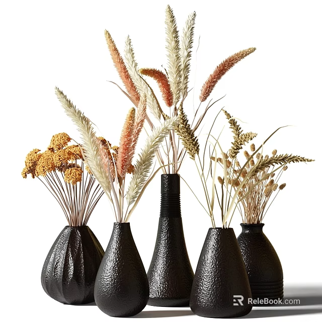 Decorative Ornament Set With Black Textured Vases And Natural Dried Flowers Arrangement 3d model 