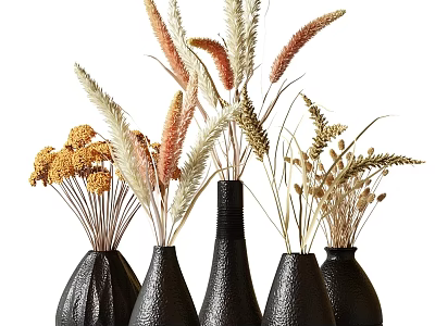 Decorative Ornament Set With Black Textured Vases And Natural Dried Flowers Arrangement 3d model