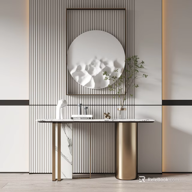 Modern Console Table With Striped Walls Circular Mirror Marble Countertop And Green Plant 3d model 