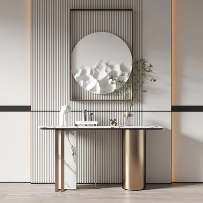 Modern Console Table With Striped Walls Circular Mirror Marble Countertop And Green Plant 3d model