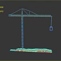 Yellow Construction Crane With Red Hanging Load And Base Platform Structure 3d model