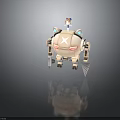 Little Girl In Blue Dress Standing On White Mechanical Cat Robot With Blue Ears