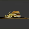 Delicious Hamburger With Fries And Ketchup Served On Round Wooden Plate