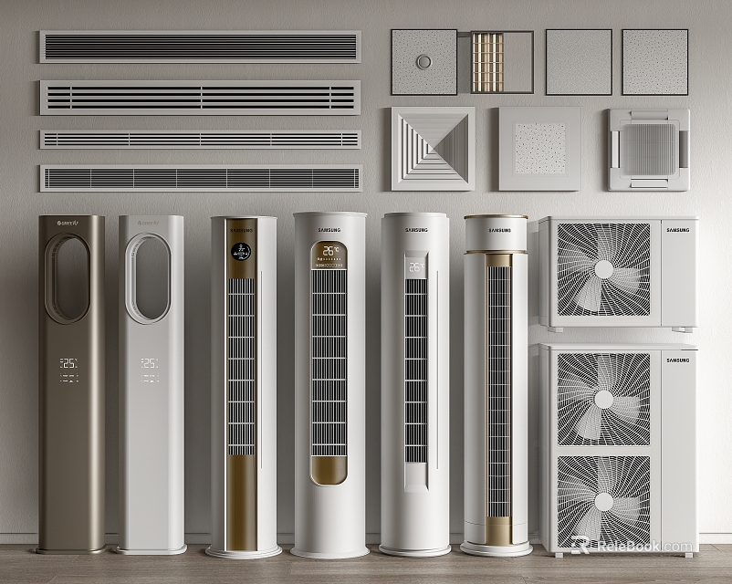 Various Styles of Vertical Air Conditioners and Fans with Grille Designs and Colors 3d model 