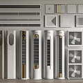 Various Styles of Vertical Air Conditioners and Fans with Grille Designs and Colors