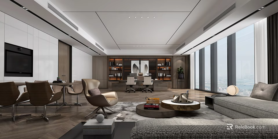 Modern Office Interior Design With Sofa Coffee Table Bookshelves And Large Windows 3d model