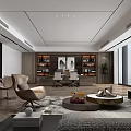 Modern Office Interior Design With Sofa Coffee Table Bookshelves And Large Windows 3d model