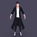 A Man Wearing Black Long Coat White T-shirt Dark Pants and Sneakers Against Gray Background