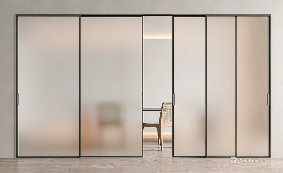 Modern Sliding Doors With Frosted Glass And Black Frames In Bright Room Interior 3d model 