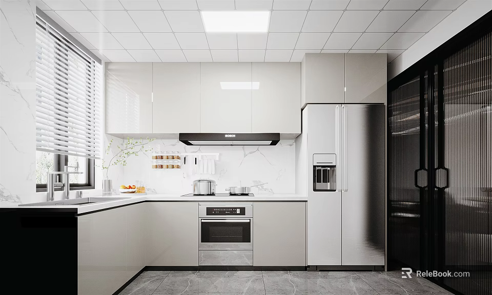 Modern Kitchen Interior With White Cabinets Marble Countertop And Stainless Steel Refrigerator 3d model 
