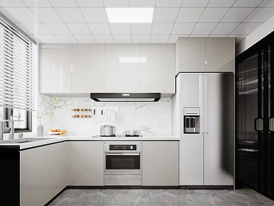 Modern Kitchen Interior With White Cabinets Marble Countertop And Stainless Steel Refrigerator 3d model