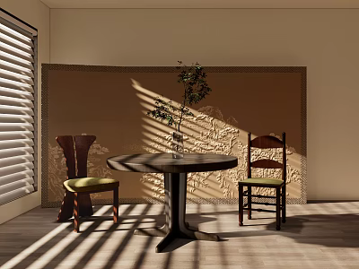 Leisure Chair With Green Cushion In Room With Sunlight Blinds Light Shadows And Round Table 3d model